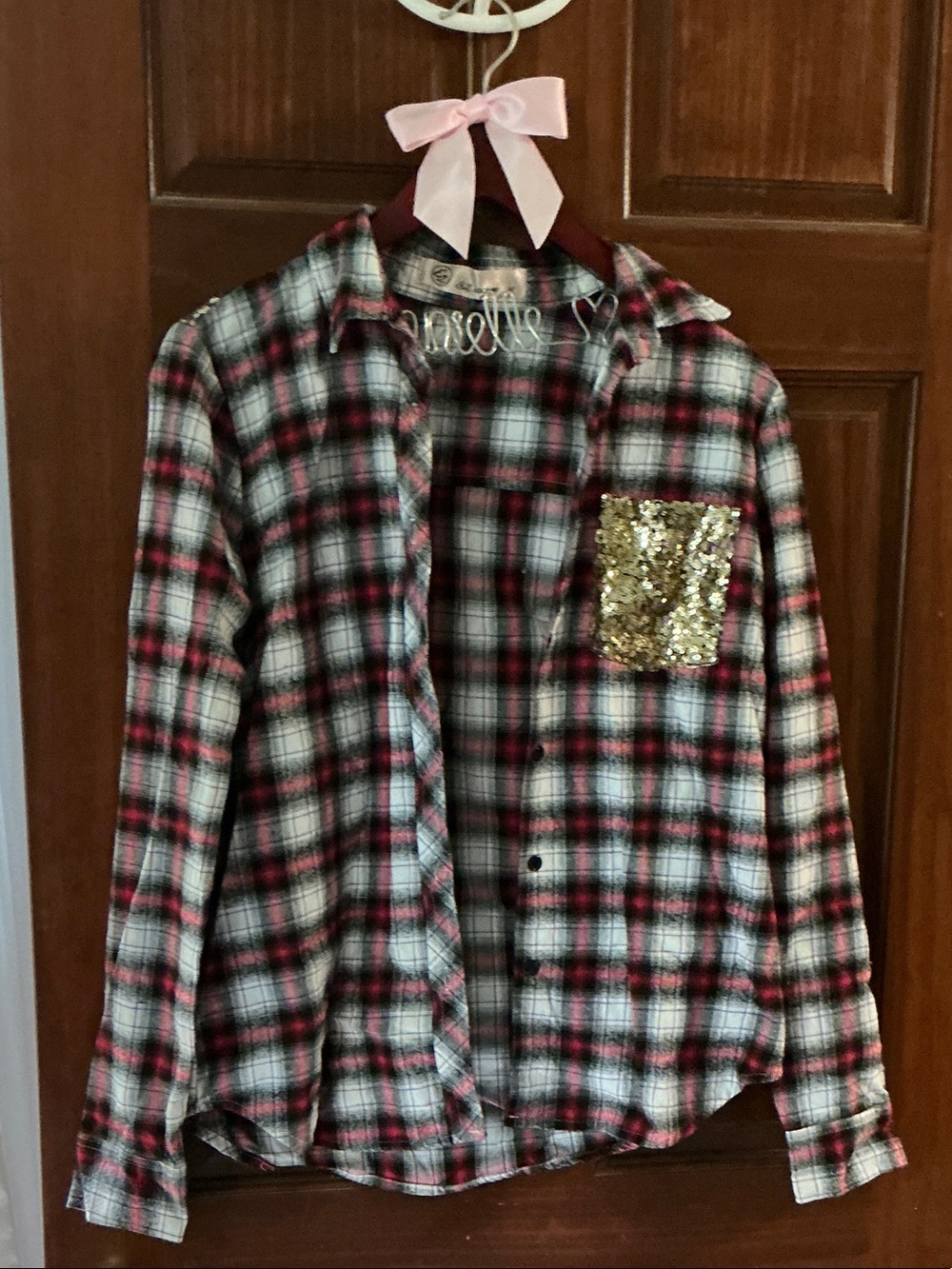 Women’s Pink Plaid Shirt with Gold Sequin Pocket